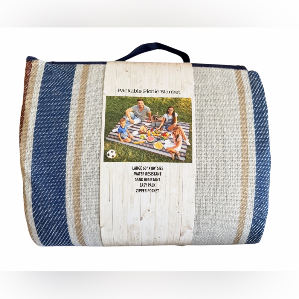 Carsten’s Packable Picnic Blanket - Seashore Stripe, 60” x 80”